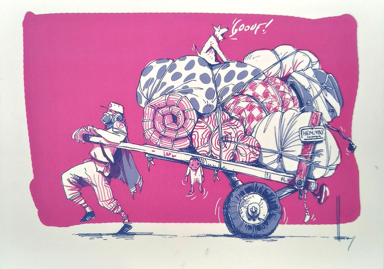 Illustration depicting an urban scene in Bogotá, created in ink and digital color by Colombian illustrator Henry Díaz.